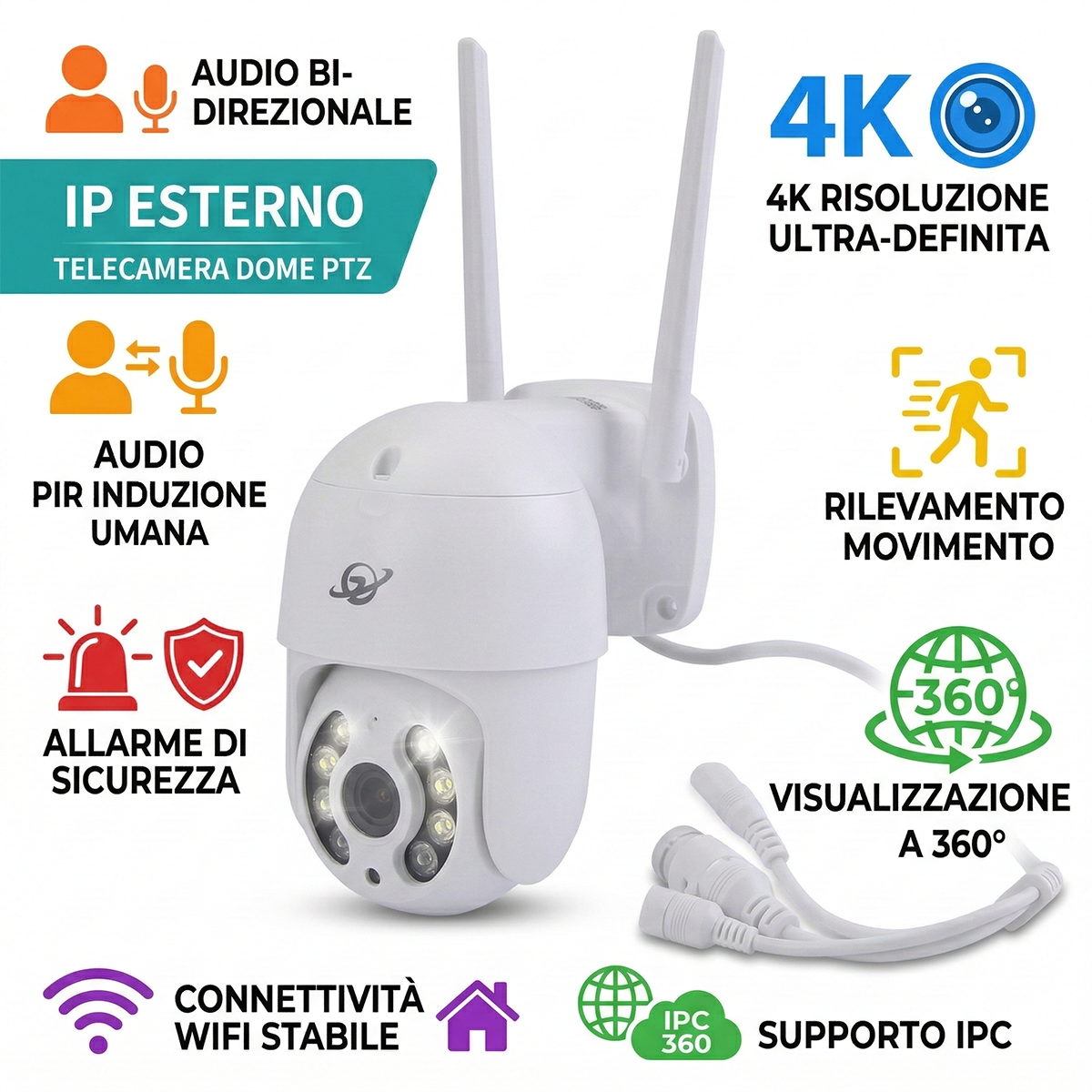 TELECAMERA IP CAM WIFI CAMERA DOME WIRELESS ESTERNO SD 2MP PTZ HD 8 LED 8176QJ