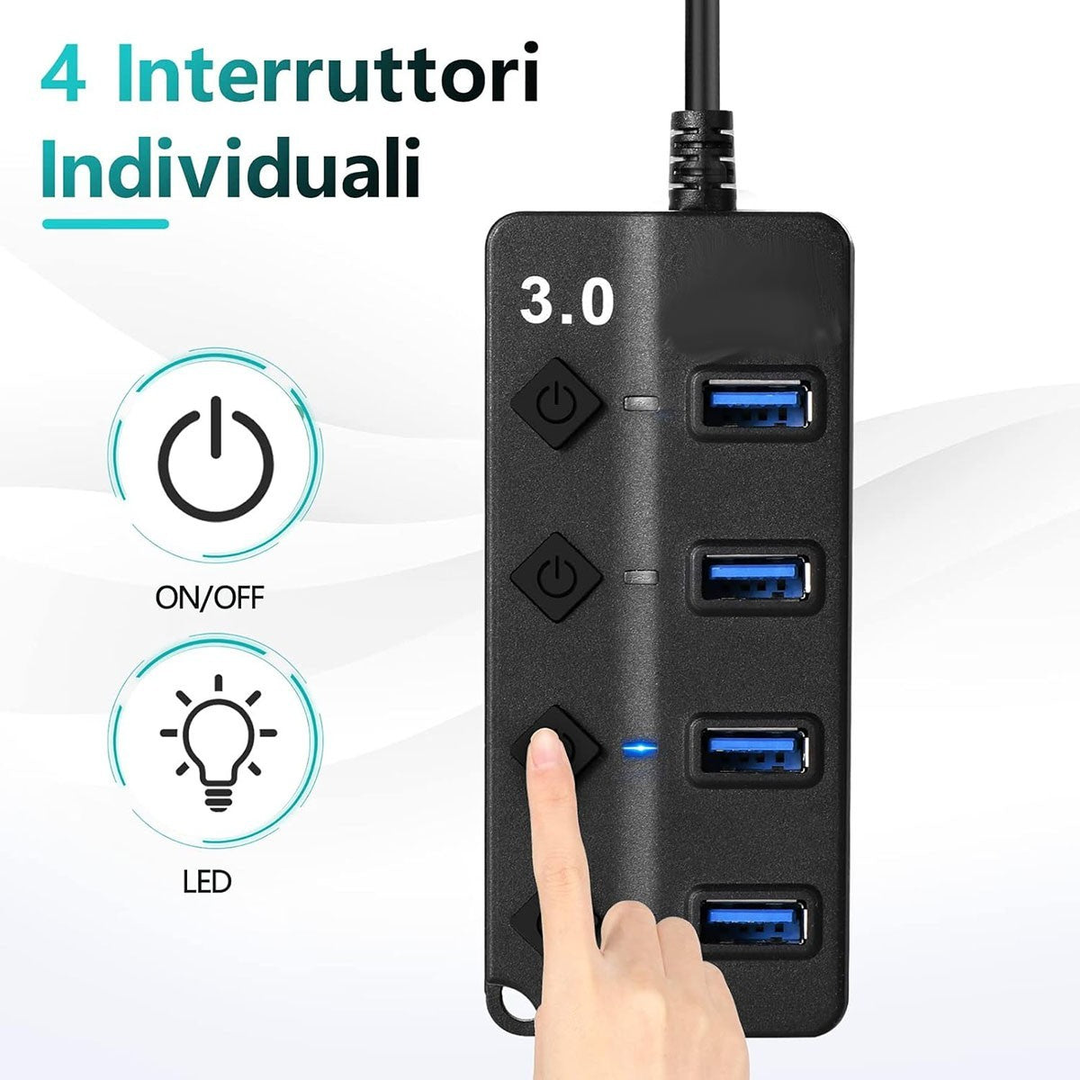 HUB USB 3.0 4 PORTE INTERRUTTORI INDIPENDENTI LED TRASFERIMENTO DATI AS-08055