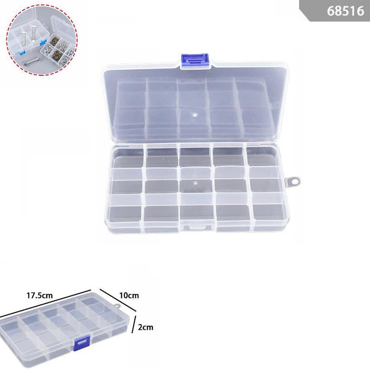 SCATOLA PLASTICA CONTENITORE GIOIELLI PERLINE UTENSILI VITI VARI SCOMPARTI 68516