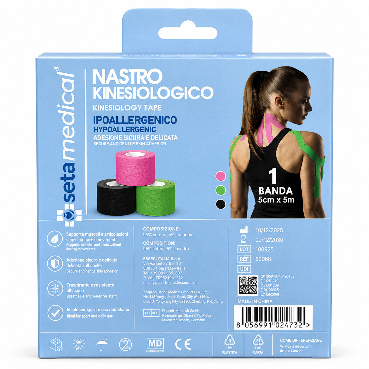2 NASTRI KINESIOLOGICO IPOALLERGENICI 5CM x 5M TAPE ELASTICO SPORT VARI COLORI