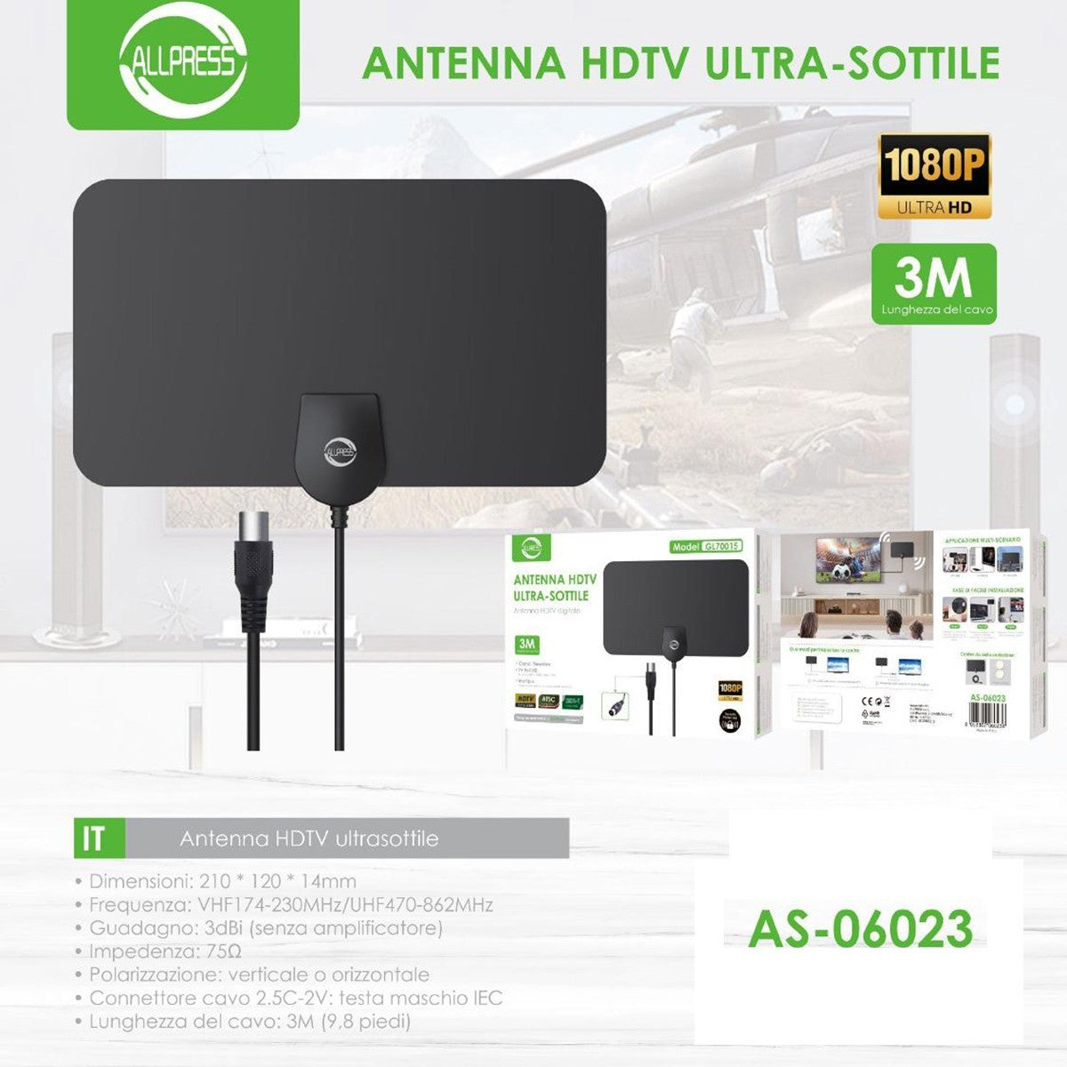 ANTENNA HDTV ULTRA-SOTTILE 1080P CON CAVO 3M RICEZIONE DIGITALE TERRESTRE 06023 TV TELEVISIONE