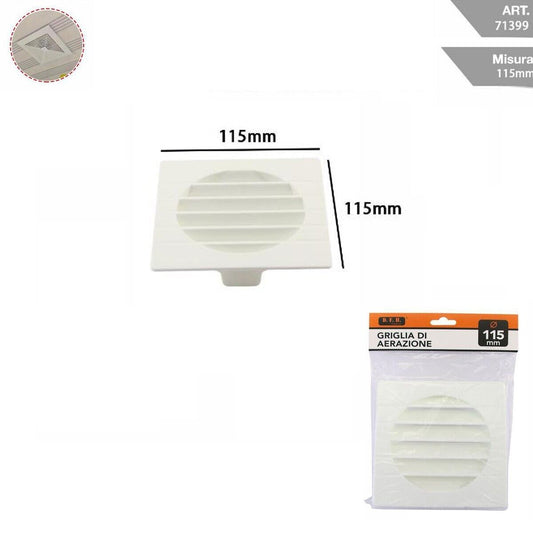 GRIGLIA AERAZIONE 115MM TONDA QUADRATA PLASTICA BIANCA VENTILAZIONE CASA 71399