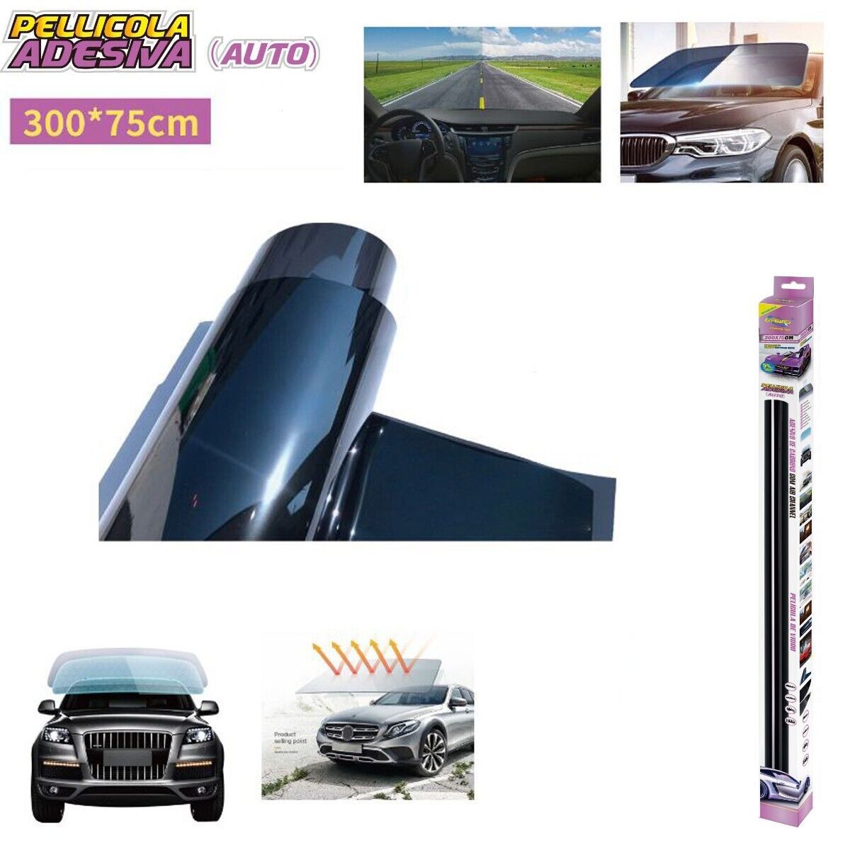 PELLICOLA OSCURANTE ADESIVA VETRI ADESIVA AUTO 300X75CM NERO 5% PROTEZIONE UV