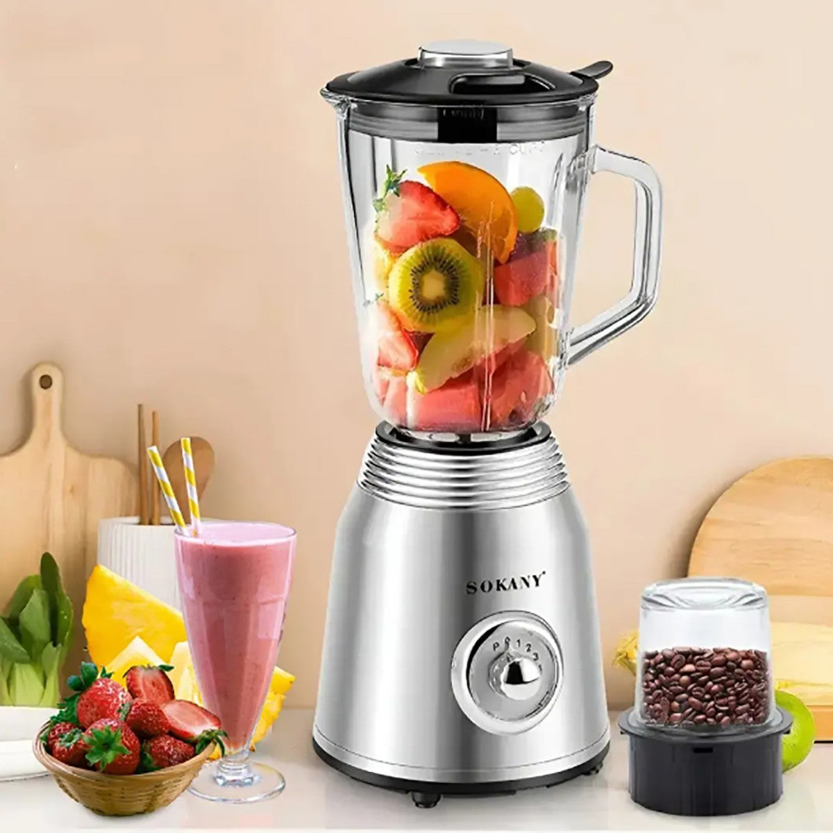 FRULLATORE ELETTRICO 2 IN 1 MACINA CAFFE TRITATUTTO 800W MIXER FRUTTA 1.5L SK186