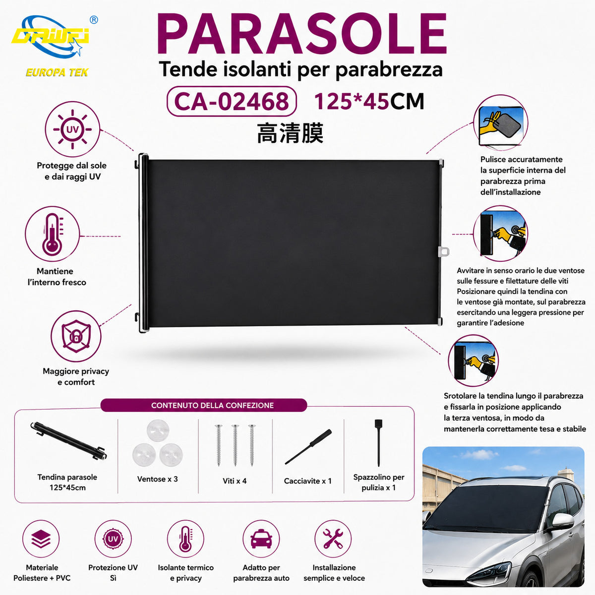 PARE-SOLEIL ENROULABLE POUR VOITURE 125x45CM PARE-BRISE OCCULTANT CA-02468