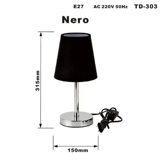 LAMPADA DA TAVOLO LUME COMODINO ABATJOUR ACCIAIO CROMATO TESSUTO NERO TD-303