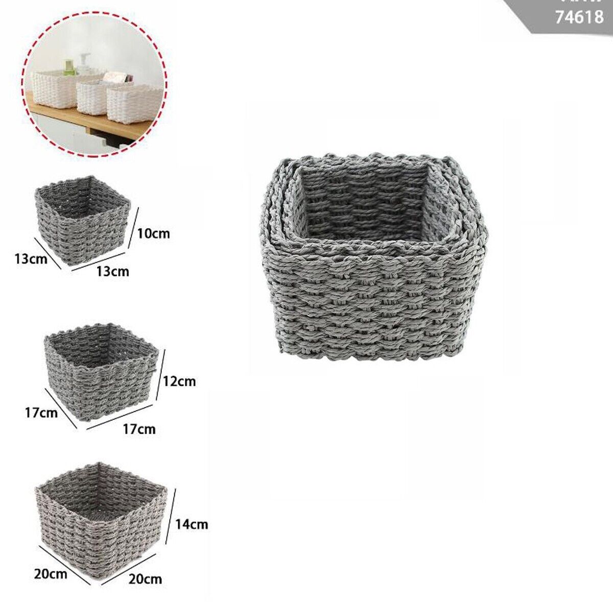 3 CESTINI INTRECCIATI CORDA CESTO PORTA OGGETTI ORGANIZZA CASA QUADRATO 74618