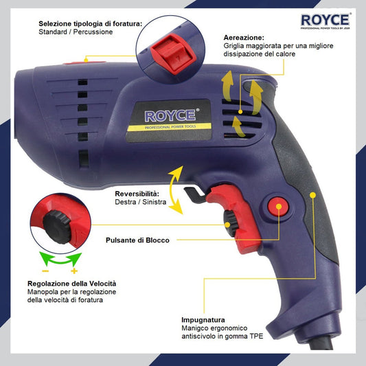 Perceuse à percussion réversible ROYCE RID-650 650W, mandrin 1,5-13mm RE10222