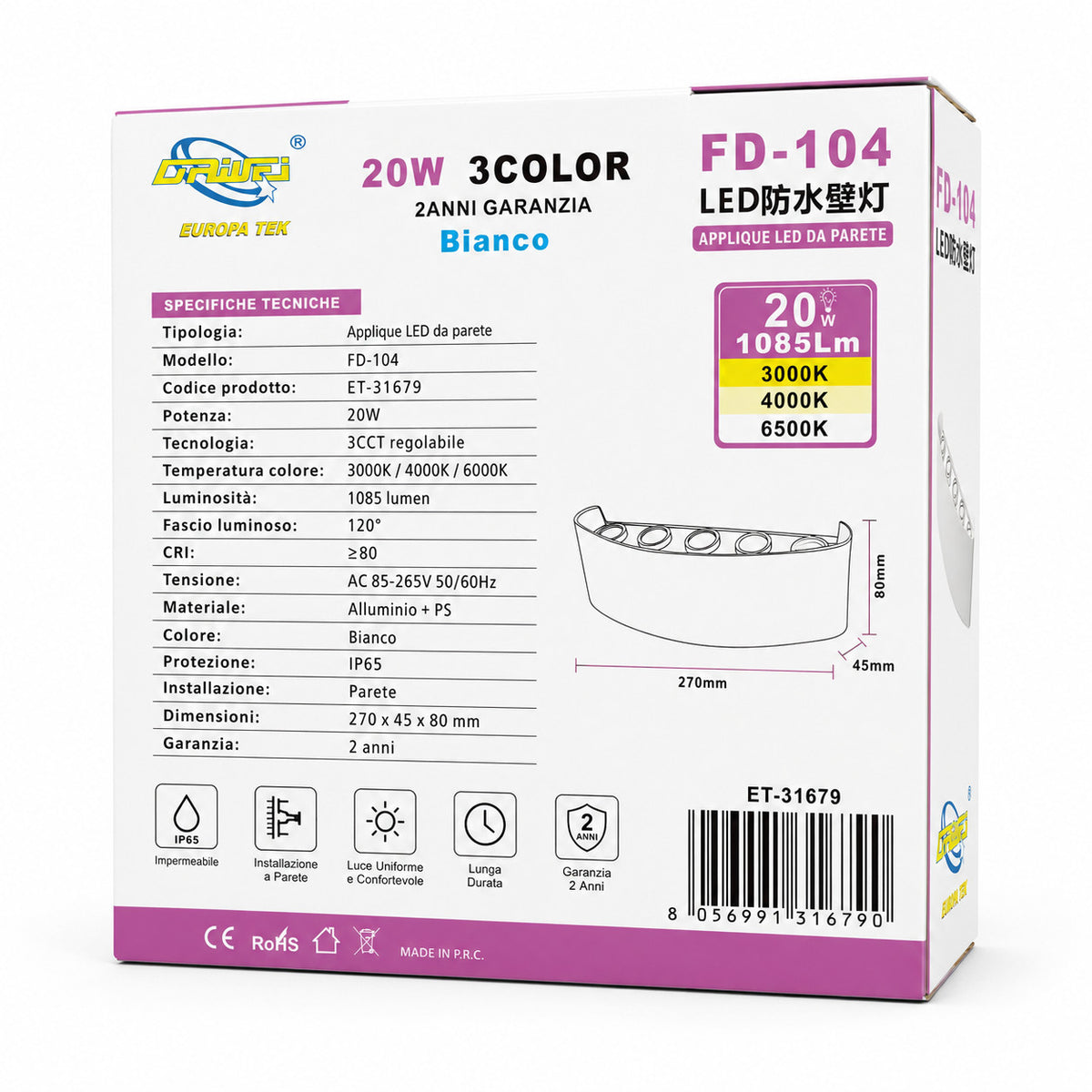 APPLIQUE LED 20W ESTERNO LAMPADA PARETE BIANCA IP65 3000K 4000K 6000K ET-31679