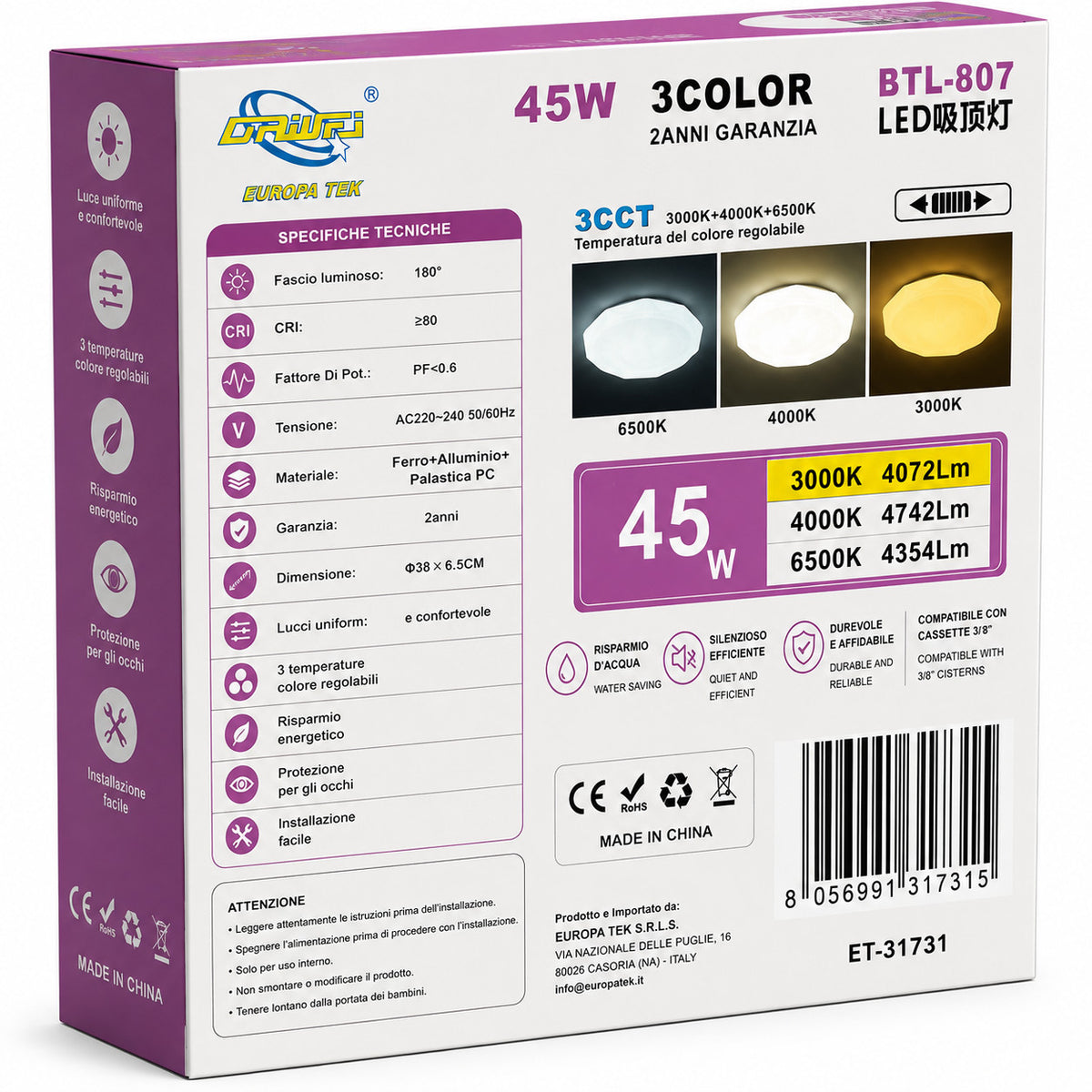 PLAFONIERA LED 45W 3CCT 38CM LAMPADA SOFFITTO LUCE 3000K 4000K 6500K ET-31731