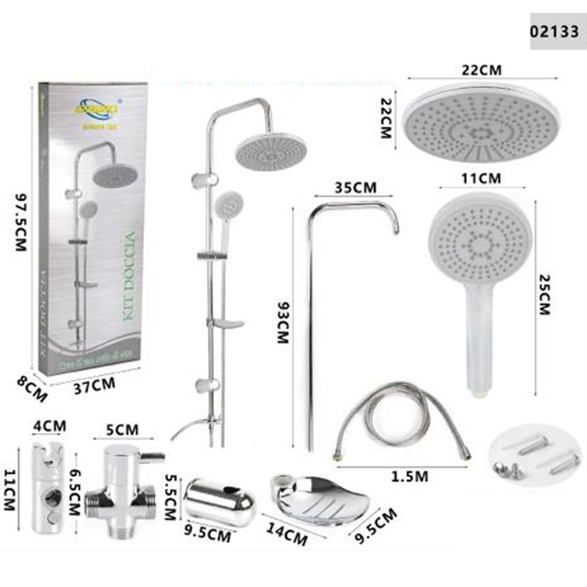 BARRE DE DOUCHE CHROMÉE COLONNE DE DOUCHE POMME DE TÊTE FIXE DOUCHETTE À MAIN CURSEUR 2133