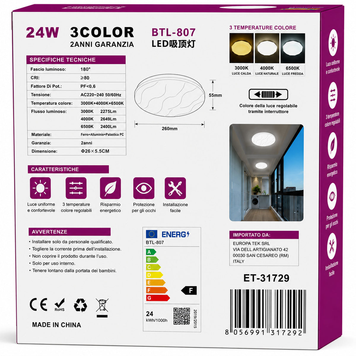PLAFONIERA LED 36W 3CCT 33CM LAMPADA SOFFITTO LUCE 3000K 4000K 6500K ET-31730
