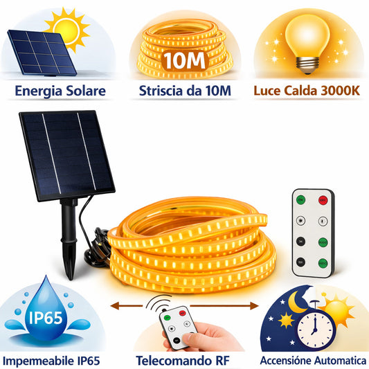 BANDE LED SOLAIRE 10 MÈTRES TÉLÉCOMMANDE BLANC CHAUD 3000K EXTÉRIEUR ET-31612
