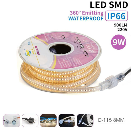 BANDE LED CMS 9W 10M IP66 ÉTANCHE LUMIÈRE BLANC CHAUD EXTÉRIEUR INTÉRIEUR