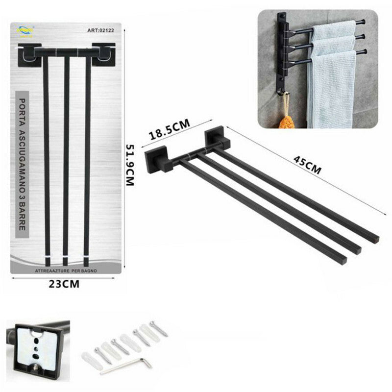 PORTA ASCIUGAMANI 3 ASTE SUPPORTO PER BAGNO DA MURO ASTA CASA NERO 02122