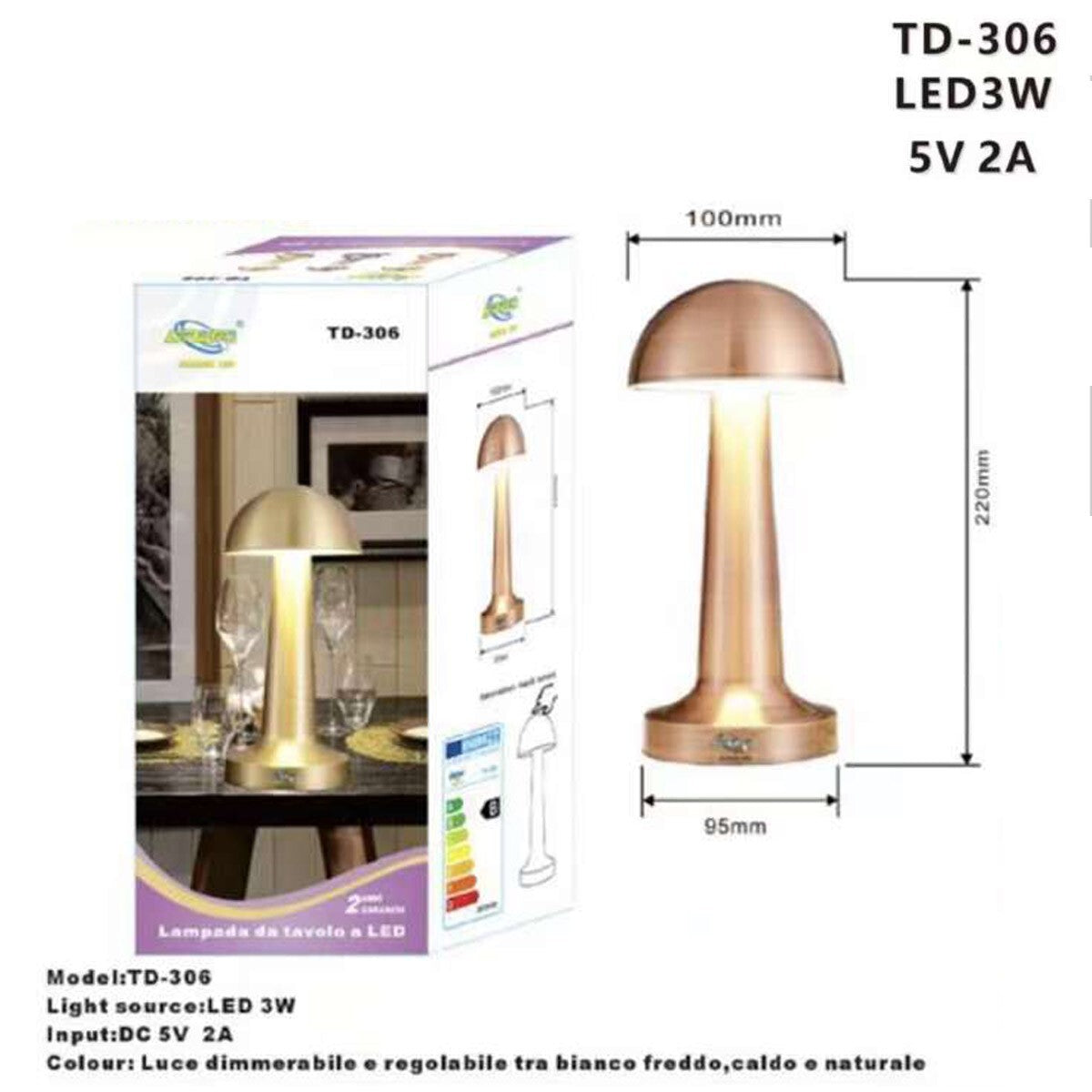 LAMPADA DA TAVOLO BRONZO RICARICABILE USB EFFETTO TOUCH LUCE DECORATIVA TD-306