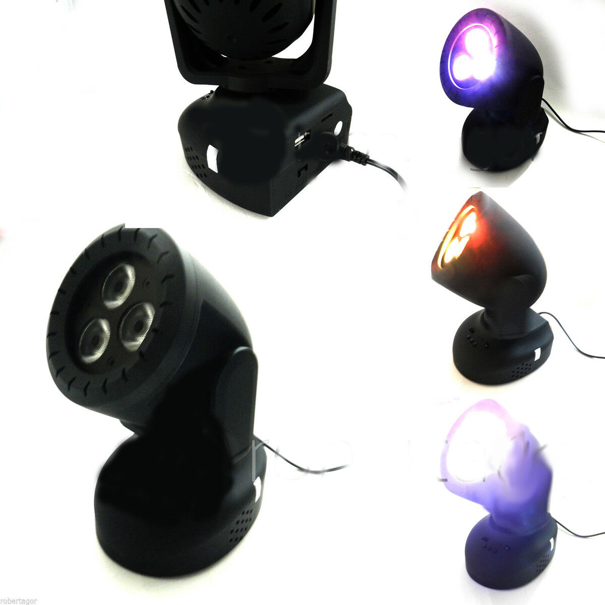 PROIETTORE LED RGB TESTA MOBILE ROTANTE EFFETTI DISCO 3 LED LETTORE MP3 USB TF