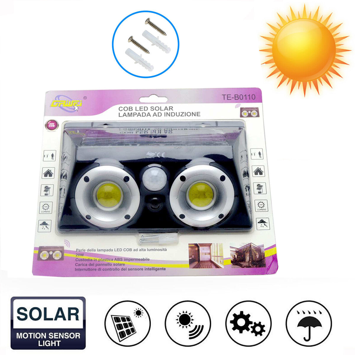 PHARE PROJECTEUR EXTÉRIEUR 20W ÉNERGIE SOLAIRE 32 LED COB DÉTECTEUR DE MOUVEMENT TE0110