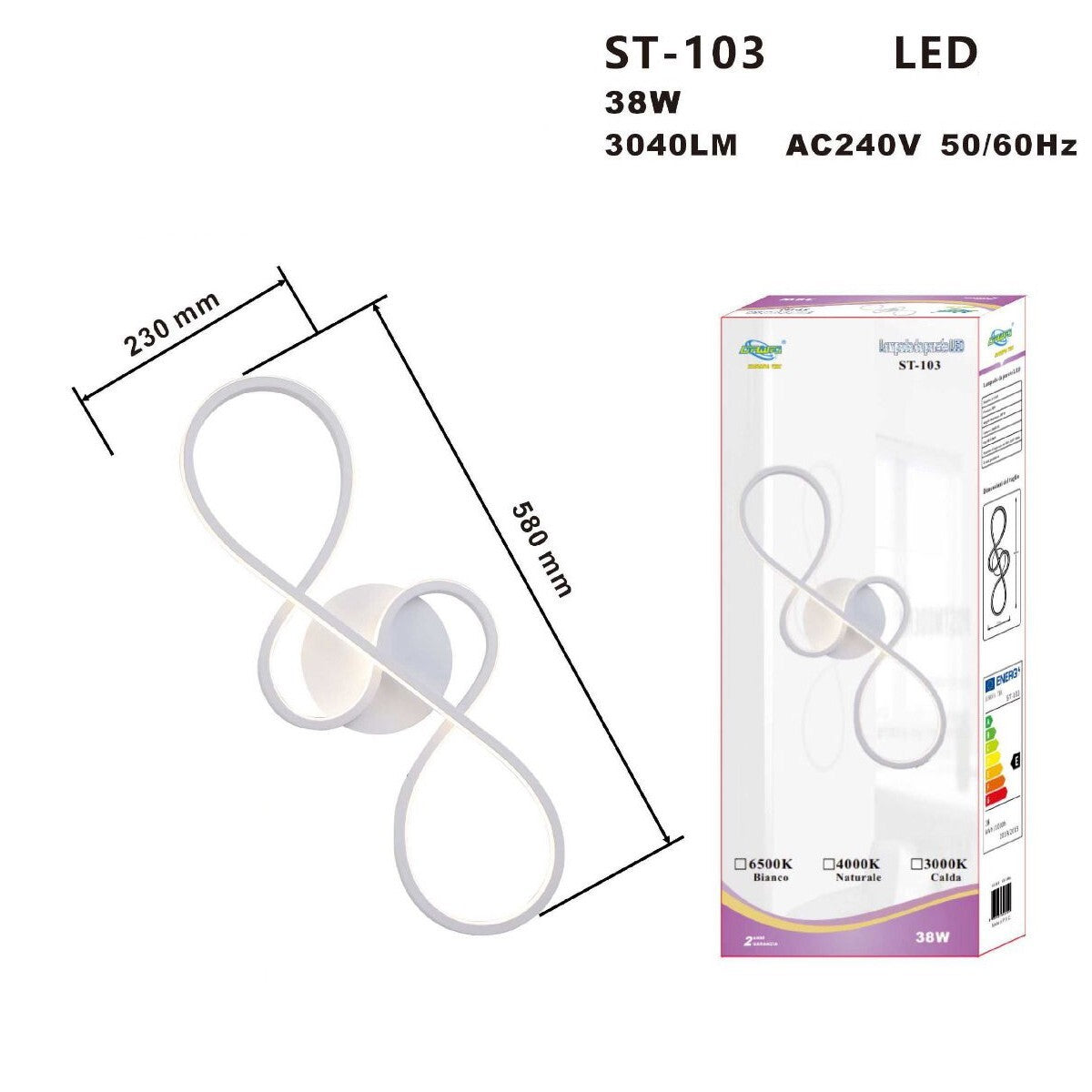 APPLIQUE LAMPADA INTERNO MODERNA PARETE MURO INFINITO 38W LUCE CALDA ST-103