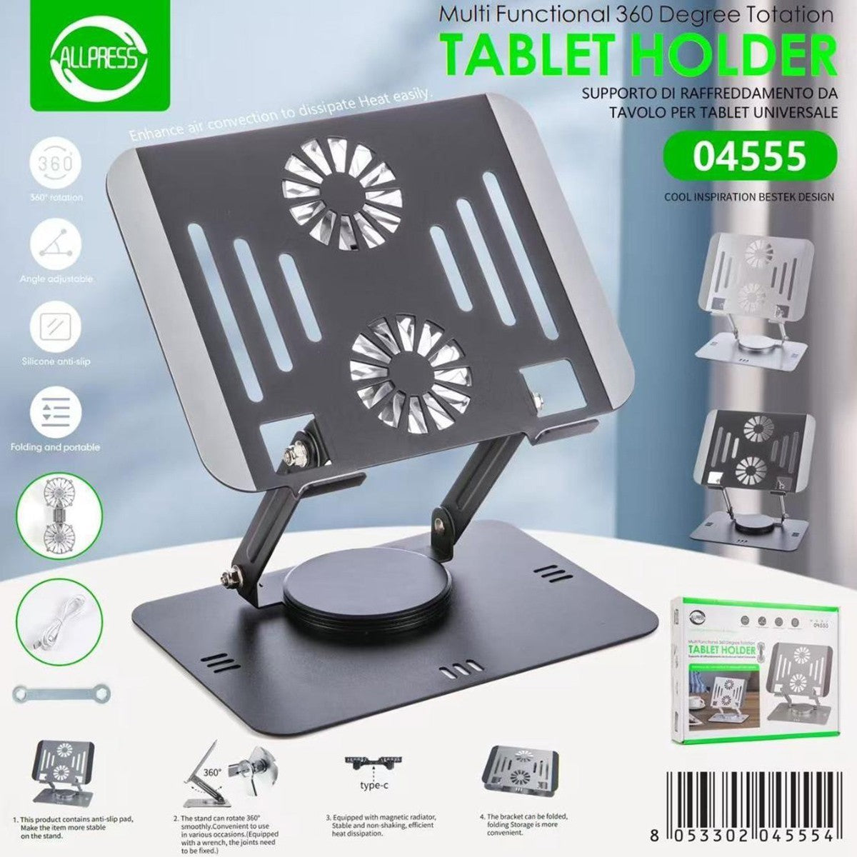 SUPPORTO TAVOLO DISSIPATORE VENTOLA 360° TABLET E DISSIPAZIONE CALORE