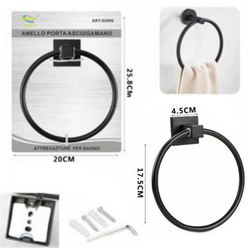 PORTA ASCIUGAMANI BAGNO PARETE ANELLO NERO SUPPORTO ARREDO BAGNO 02096