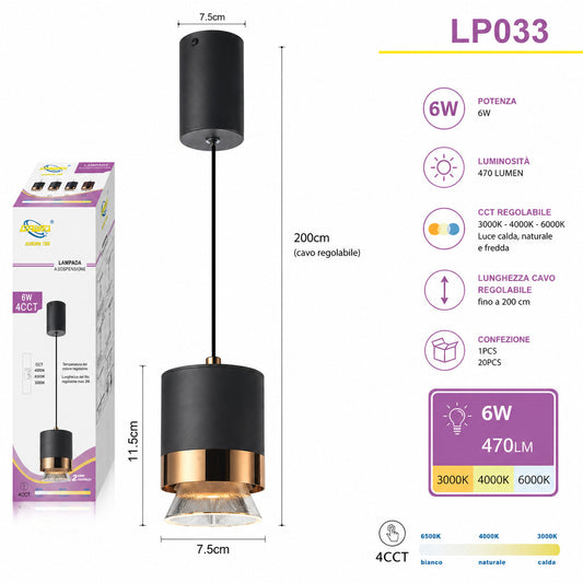 LAMPADARIO LED A SOSPENSIONE MODERNO NERO OPACO ORO REGOLABILE 3000K-6000K LP033