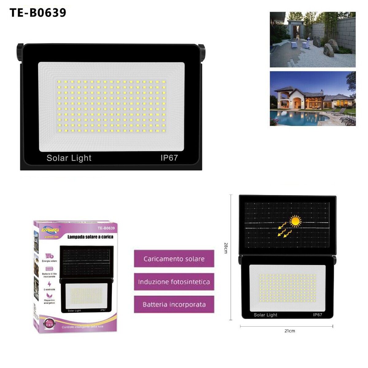 FARO LED FARETTO PANNELLO SOLARE CREPUSCOLARE IP67 170 LED ESTERNO TE-B0639