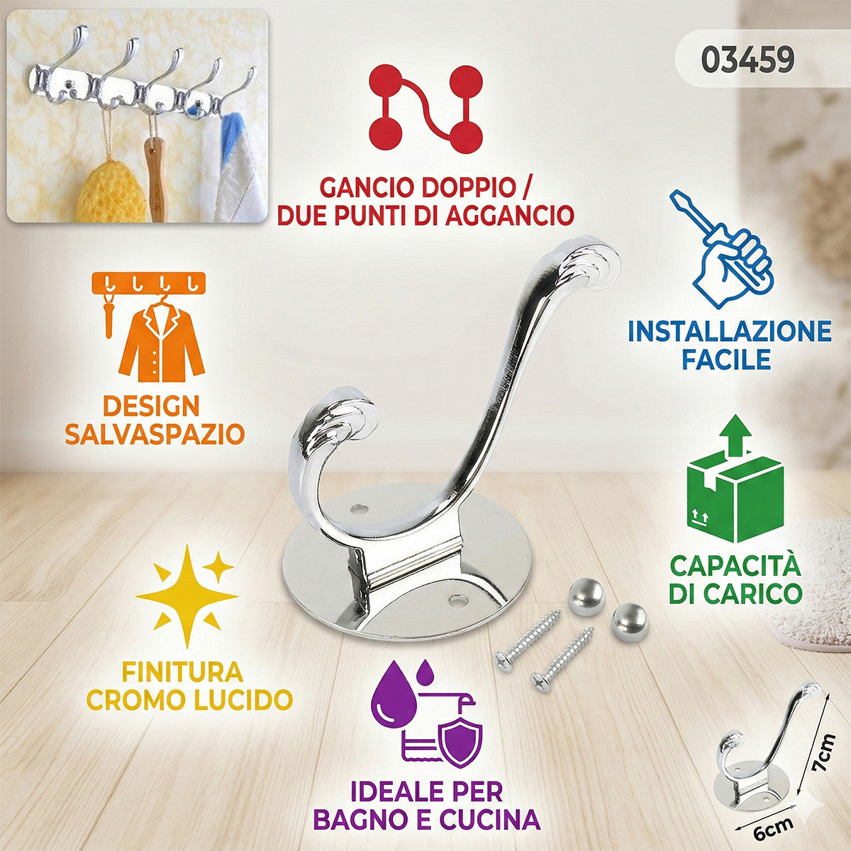 GANCIO APPENDIABITI BAGNO MURO GANCI ASCIUGAMANI CASA CROMATO DA PARETE 03459