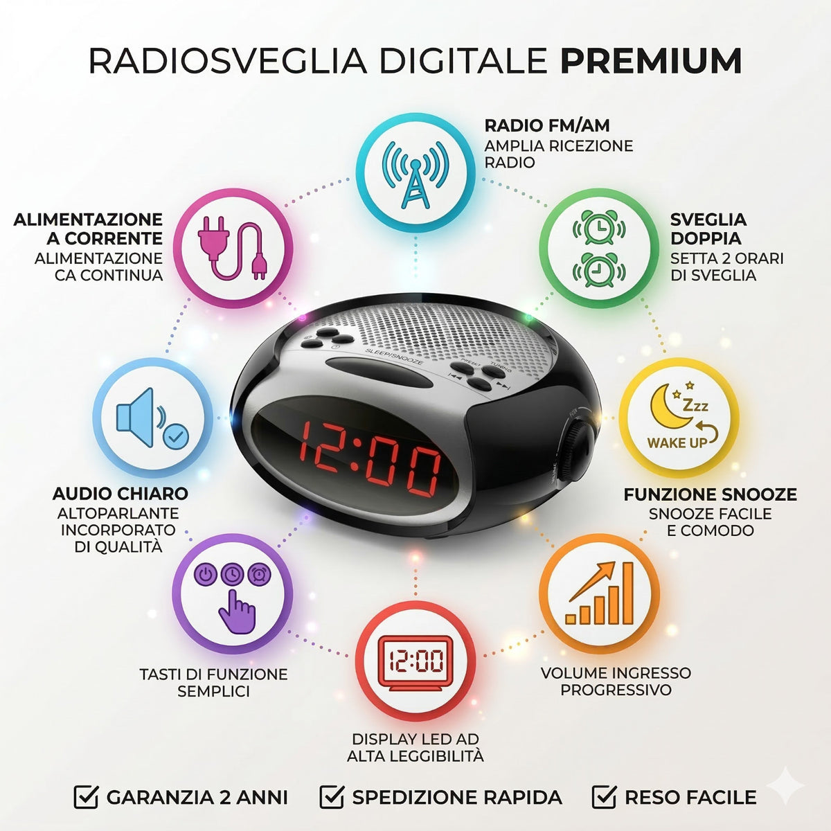 RADIOSVEGLIA SVEGLIA DIGITALE LED RADIO FM LED SNOOZE COMODINO USB 12CM AS-08098