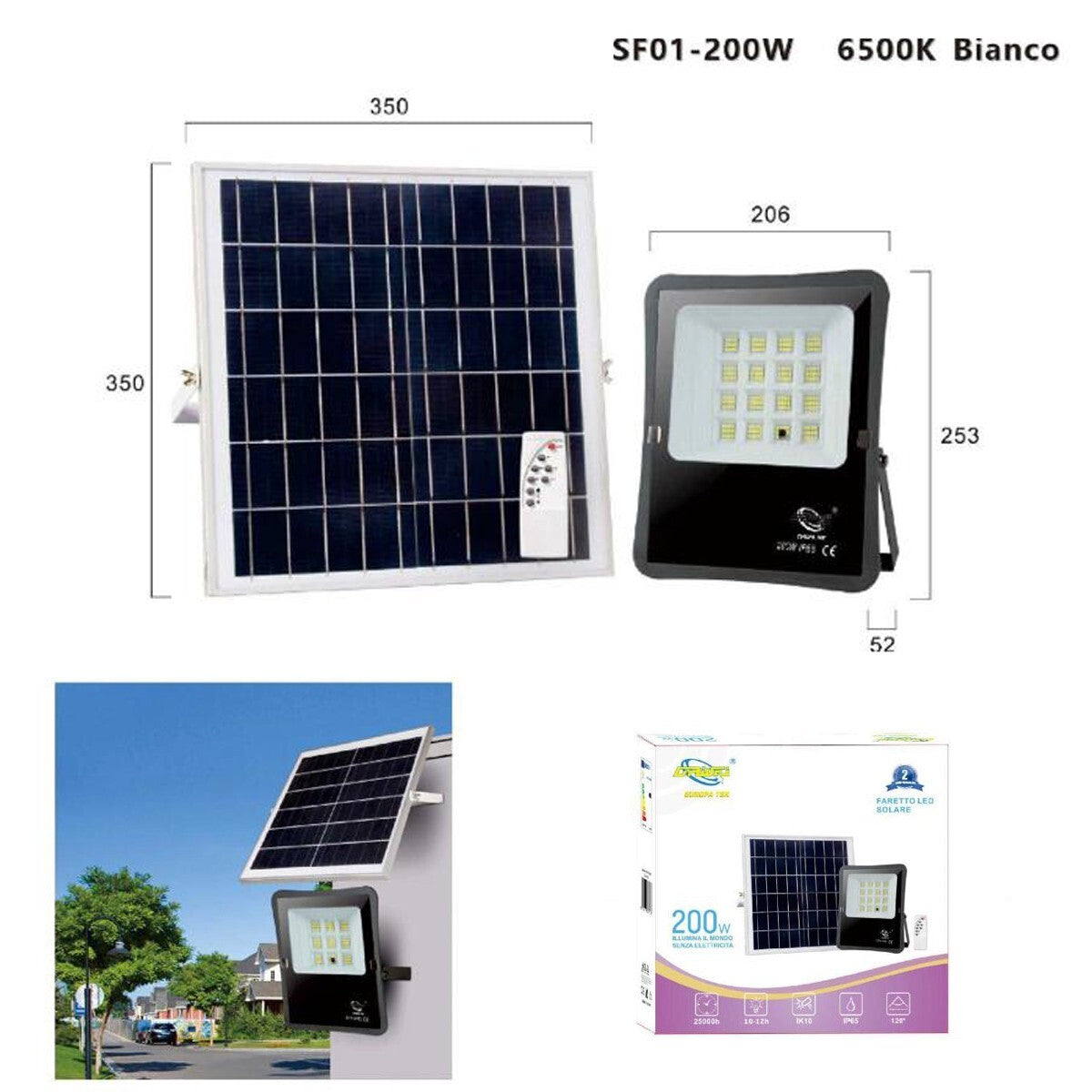 FARO LED FARETTO ALTA LUMINOSITA' PANNELLO SOLARE CREPUSCOLARE TELECOMANDO 200W*