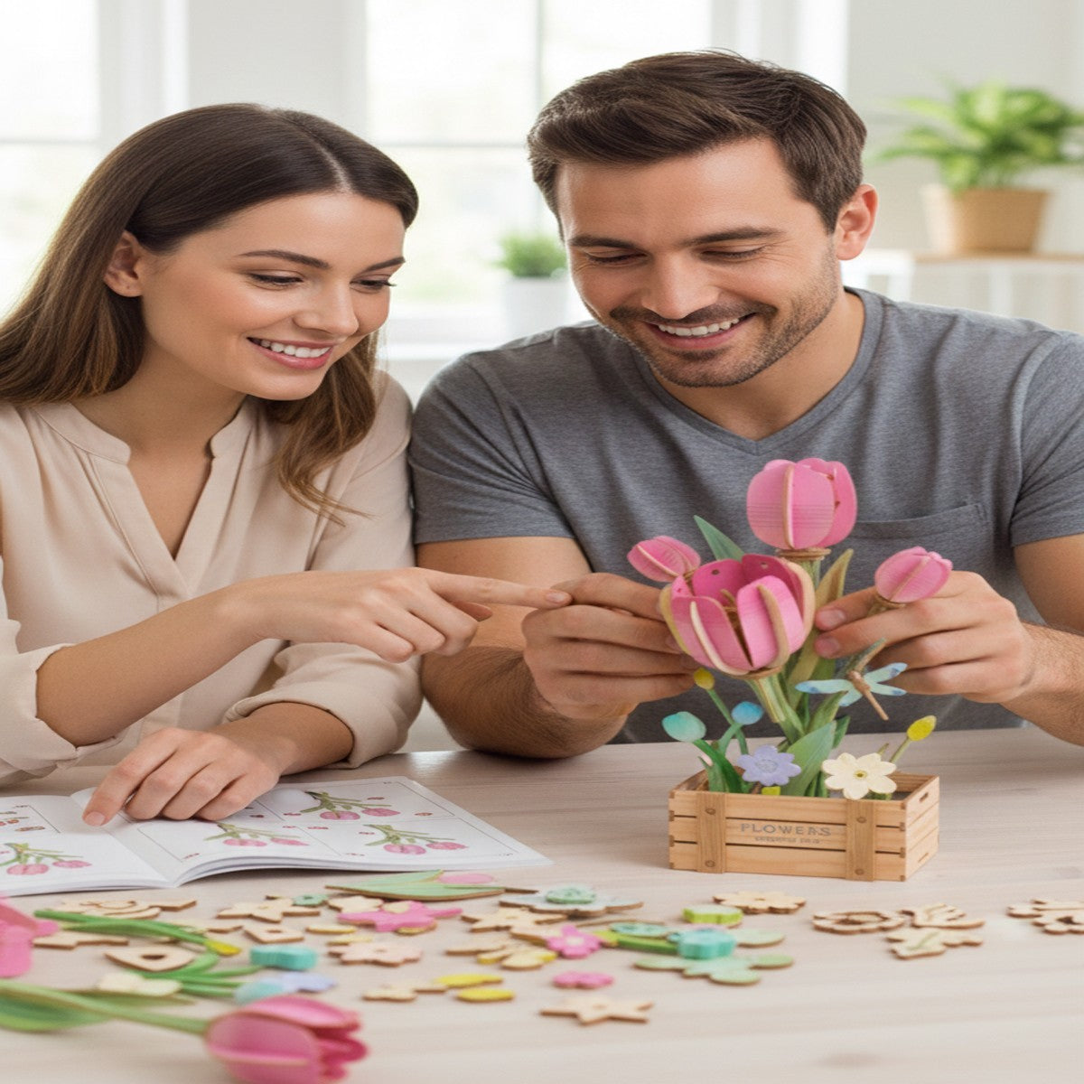 PUZZLE 3D TULIPANI ROSA LEGNO 75PZ FIORI ARTIFICIALI COSTRUZIONI REGALO 32387