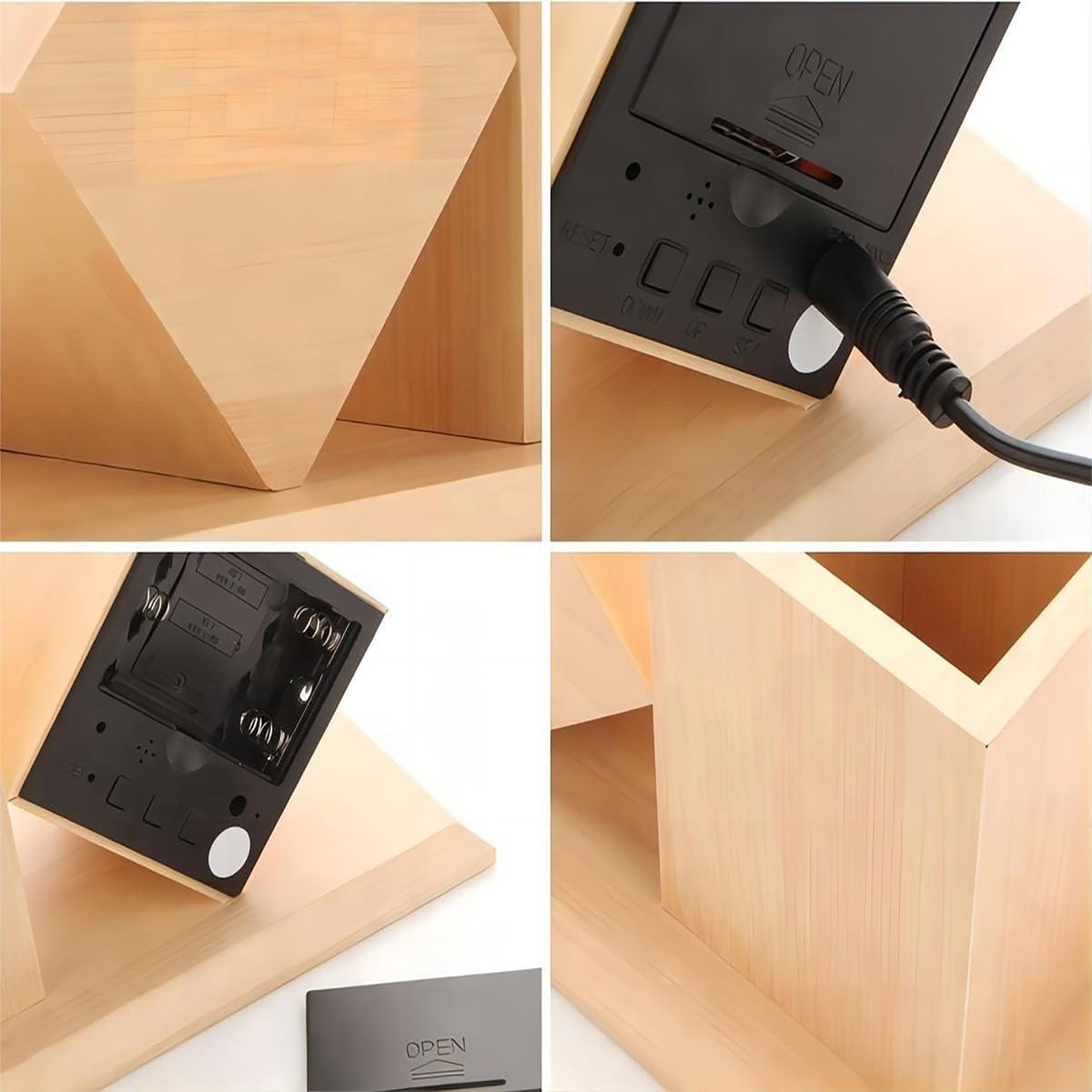 SVEGLIA DIGITALE MULTIFUNZIONE CON PORTAPENNE LEGNO LED TEMPERATURA USB 06725