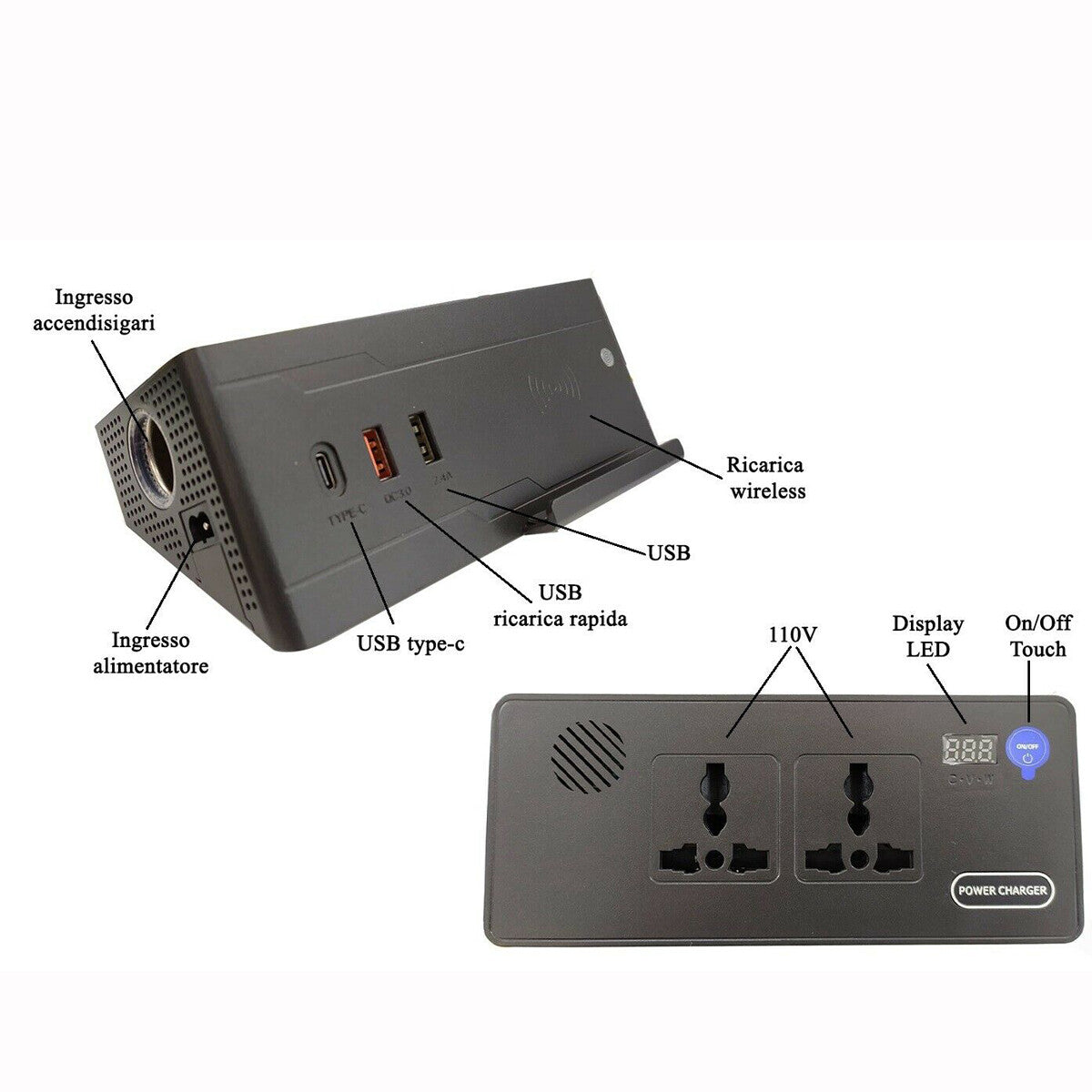 MULTIPRESA CARICABATTERIE DA AUTO ACCENDISIGARI USB WIRELESS STAZIONE RICARICA