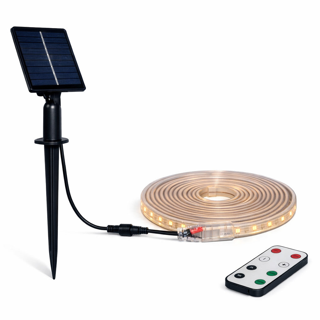 STRISCIA LED SOLARE 5 METRI TELECOMANDO BIANCO CALDO 3000K PER ESTERNO ET-31609