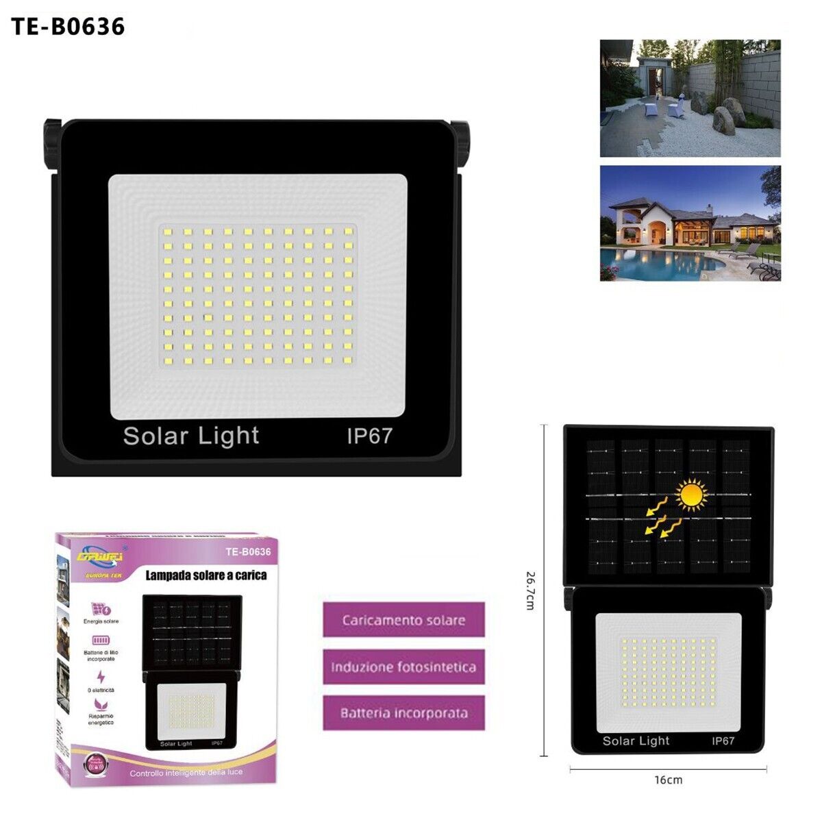FARO LED FARETTO PANNELLO SOLARE CREPUSCOLARE IP67 100 LED ESTERNO TE-B0636