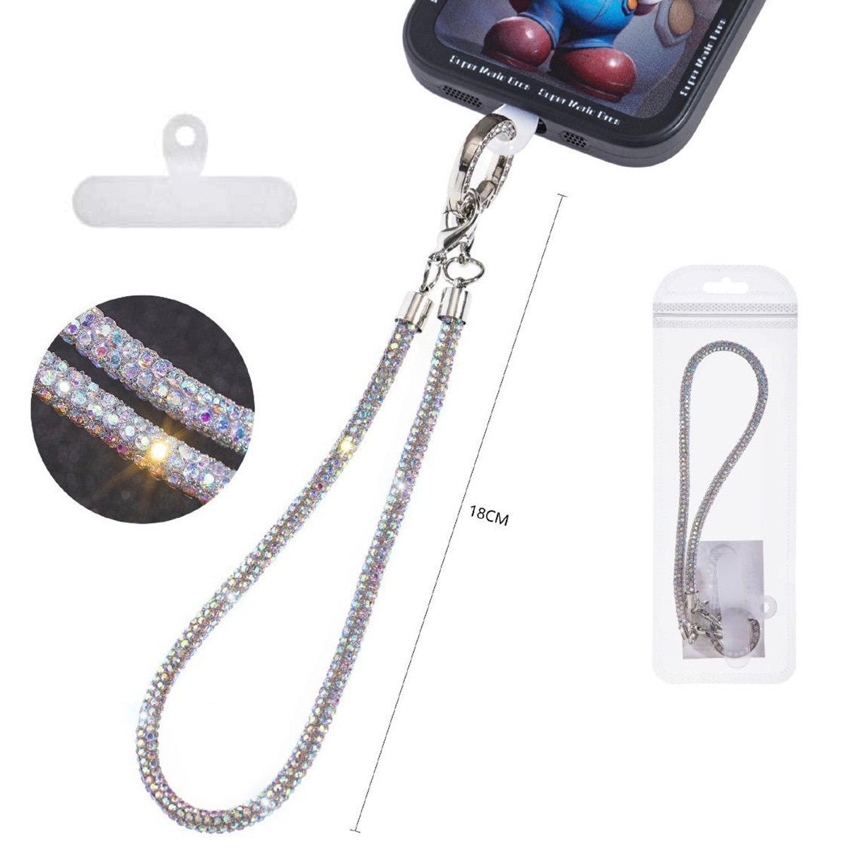 LACCETTO CATENA CORTA CORDINO DA POLSO CELLULARE STRASS UNIVERSALE SMARTPHON