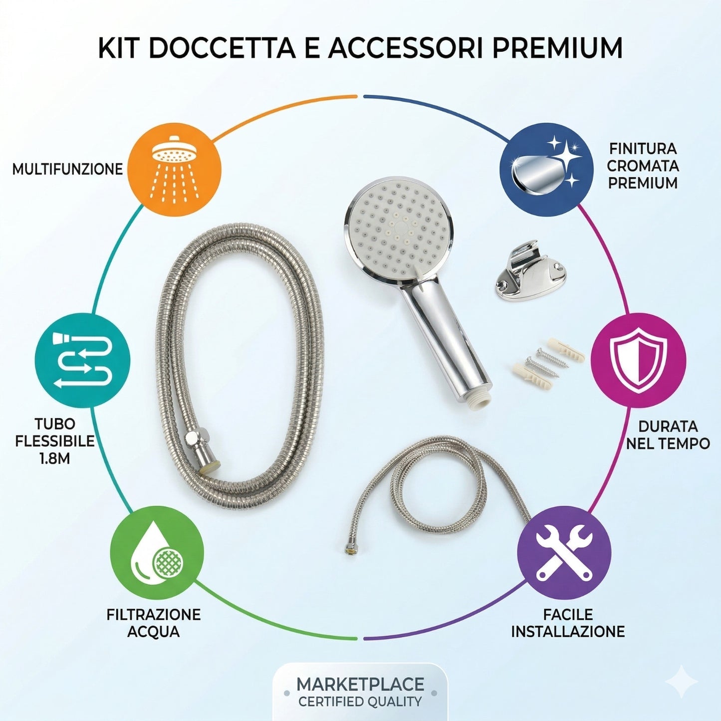 KIT DOCCETTA CROMATA CON FLESSIBILE 1,8M SUPPORTO BAGNO DOCCIA JT-048-2 01936