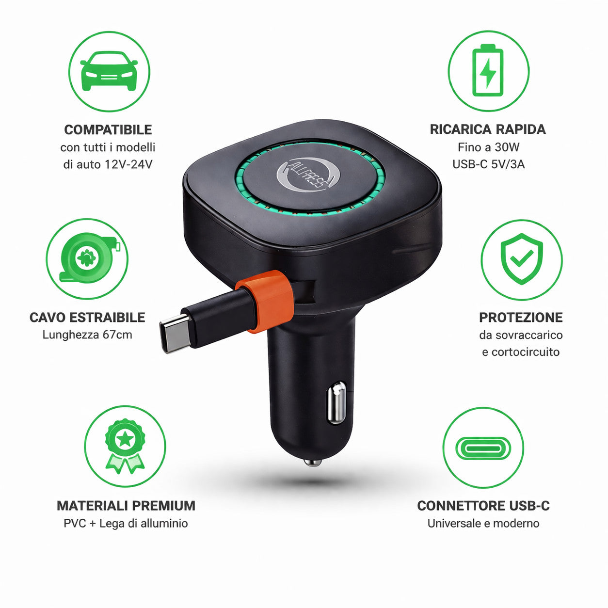 CHARGEUR VOITURE USB TYPE-C 3.1A CÂBLE RÉTRACTABLE 67CM 12V 24V CHARGE RAPIDE