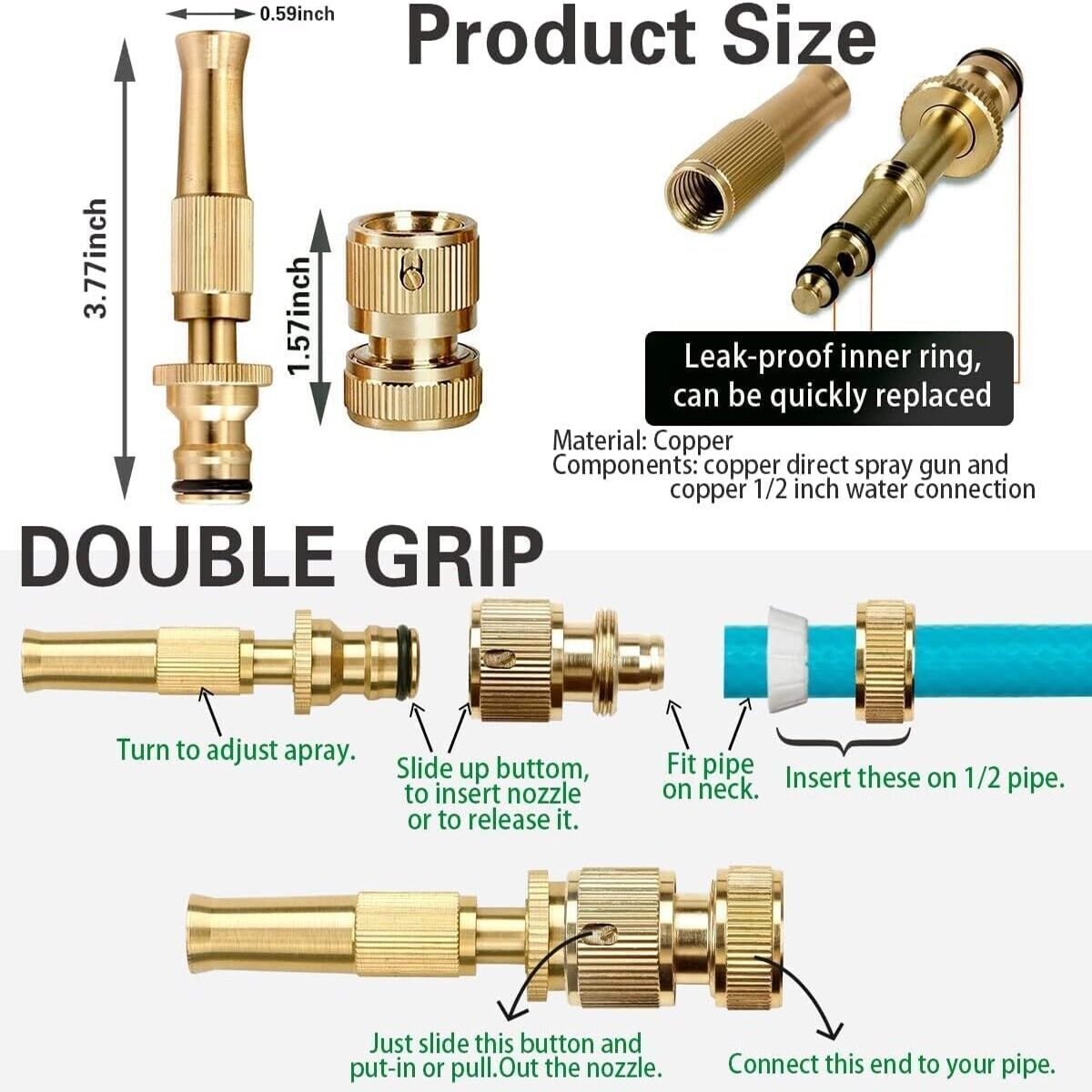 UGELLO OTTONE PISTOLA SPRUZZO UGELLI TUBO FLESSIBILE DA 1/2 PER GIARDINO AUTO