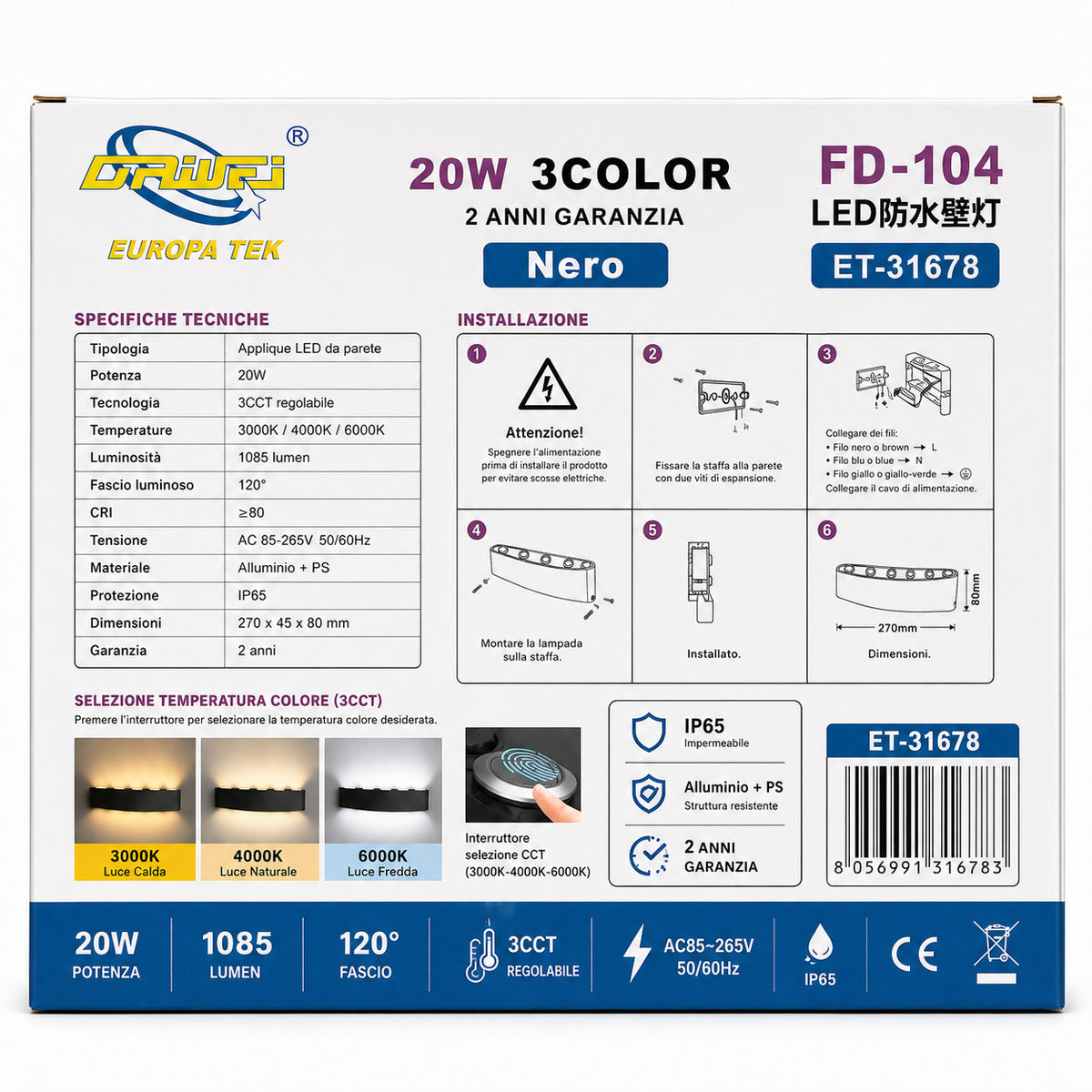 APPLIQUE LED 20W ESTERNO LAMPADA PARETE NERA IP65 3000K 4000K 6000K ET-31678