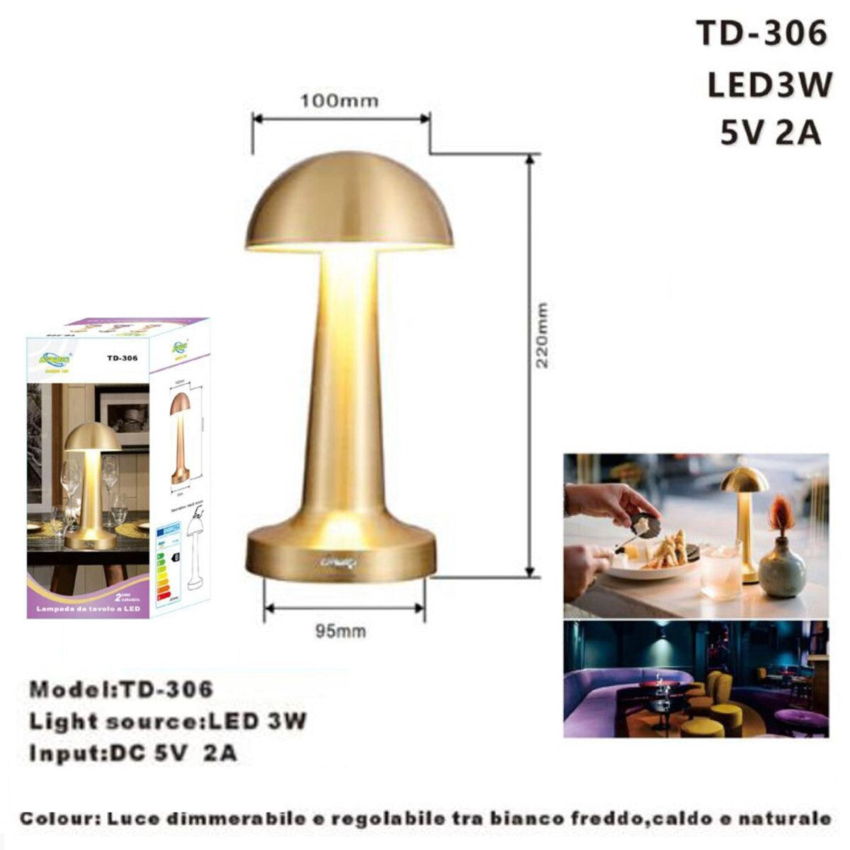 LAMPE DE TABLE DORÉE RECHARGEABLE USB EFFET TACTILE LUMIÈRE DÉCORATIVE TD-306
