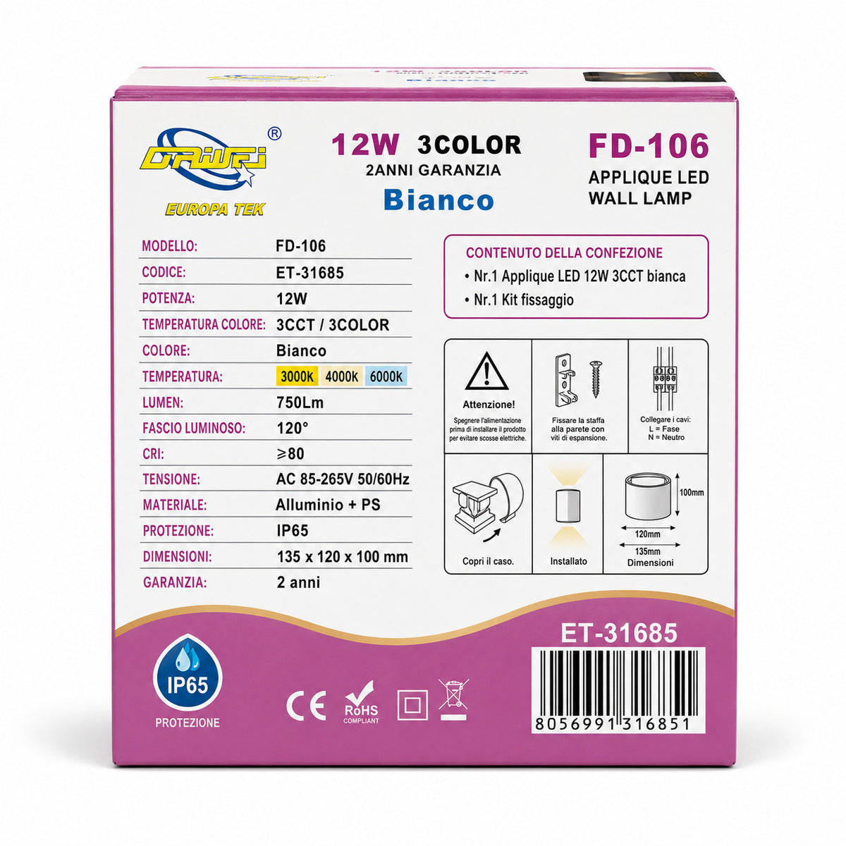 APPLIQUE LED 12W ESTERNO LAMPADA PARETE BIANCA IP65 3000K 4000K 6000K ET-31685