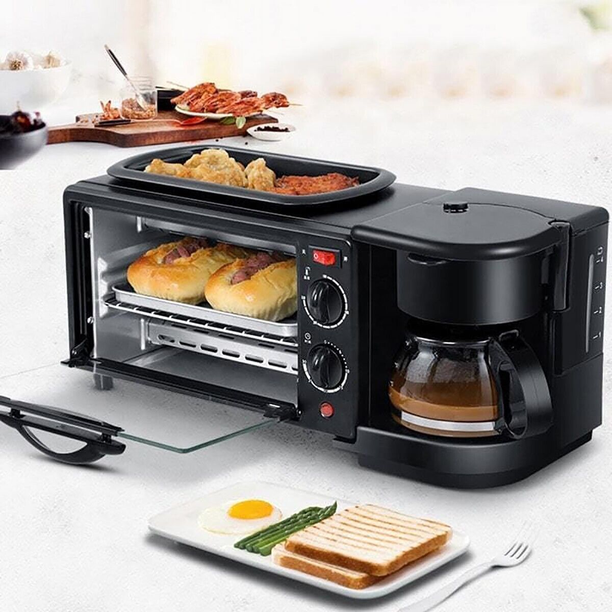 MACCHINA COLAZIONE 3IN1 1250W FORNETTO 12L TOSTIERA TOAST GRILL UOVA CAFFÈ 1LT