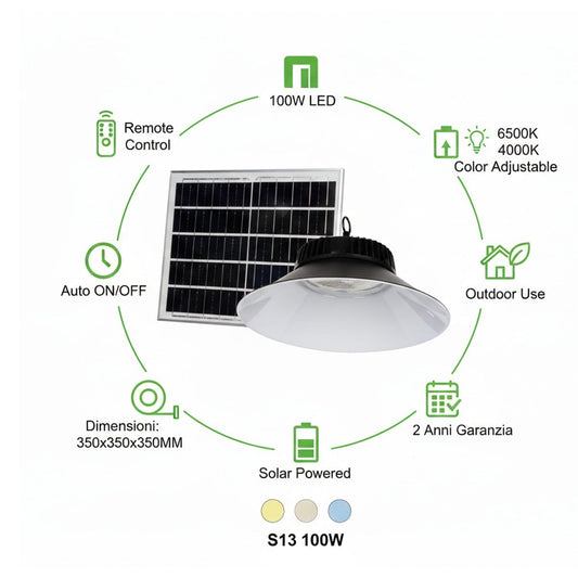 LAMPADA LED SOLARE 100W PANNELLO FOTOVOLTAICO E TELECOMANDO 3CCT IP65 ET-31372