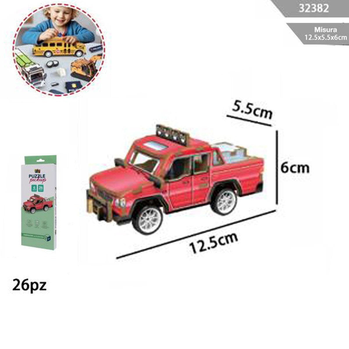 PUZZLE 3D PICKUP ROSSO AUTO LEGNO GIOCO COSTRUZIONI BAMBINI MODELLISMO 32382