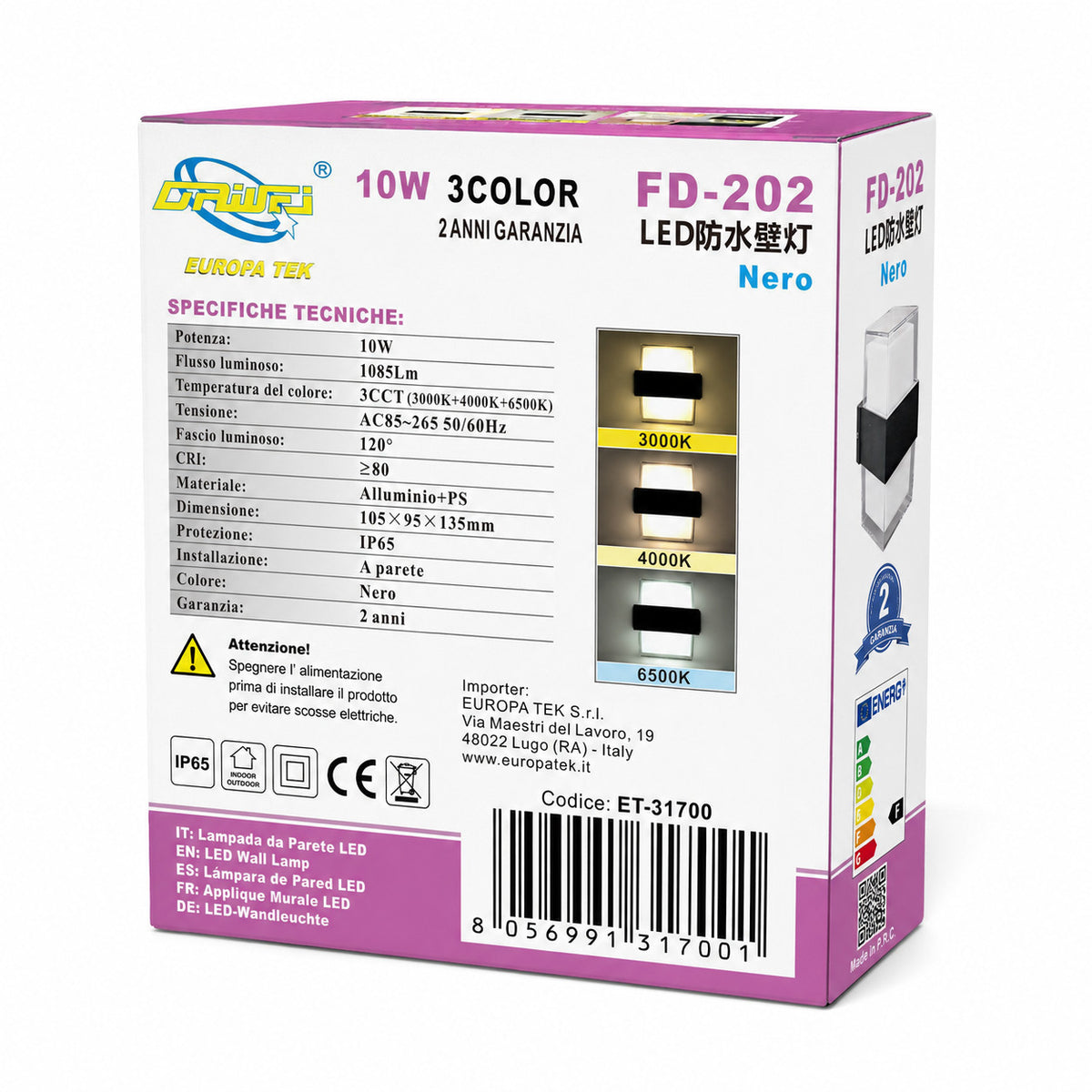 APPLIQUE LED 105W ESTERNO LAMPADA PARETE NERA IP65 3000K 4000K 6000K ET-31700