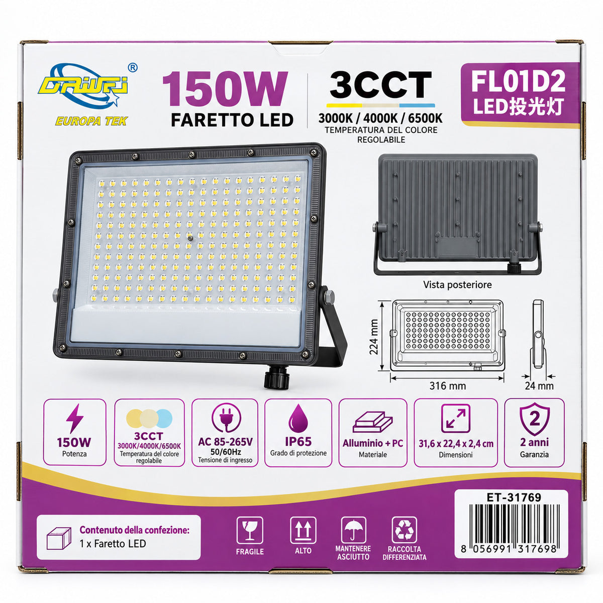 FARO LED 150W ESTERNO IP65 FARETTO GIARDINO 3CCT 3000K 4000K 6500K LUCE ET-31769