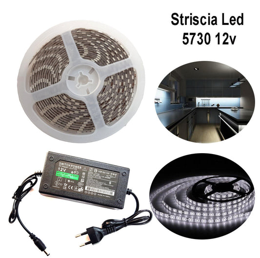 STRISCIA LED 5730 5M ADESIVA LUCE IP65 ALIMENTATORE 12V 5A BIANCO FREDDO 12W/M
