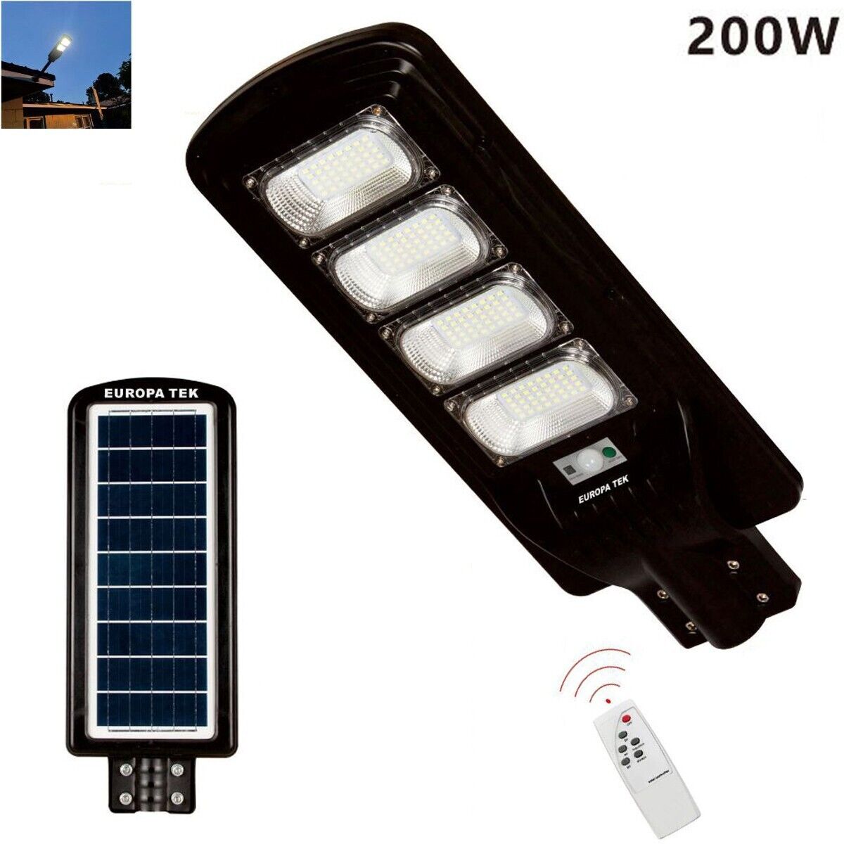 LAMPIONE SOLARE STRADALE FARO LED ESTERNO SENSORE DI MOVIMENTO TELECOMANDO 200W