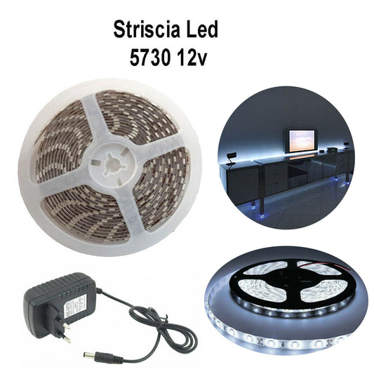 STRISCIA LED 5730 FLESSIBILE 5M ADESIVA ALIMENTATORE 2A LUCE BIANCO FREDDO IP65